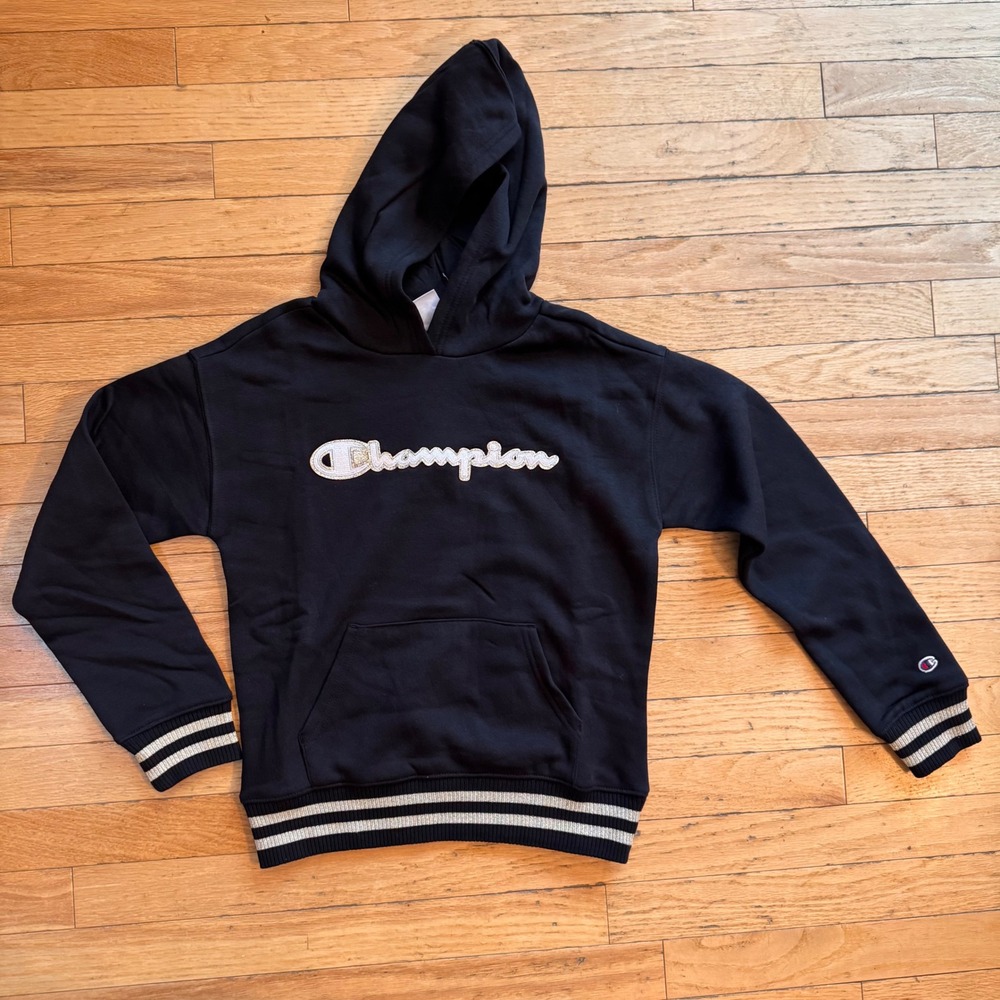 Champion Kids Black Script Logo Hoodie Sweatshirt Varsity Striped L 10/12
